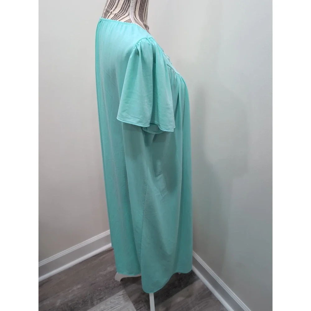 Miss Elaine Aqua Blue Nylon Nightgown Embroidered Floral Flutter Sleeves XL